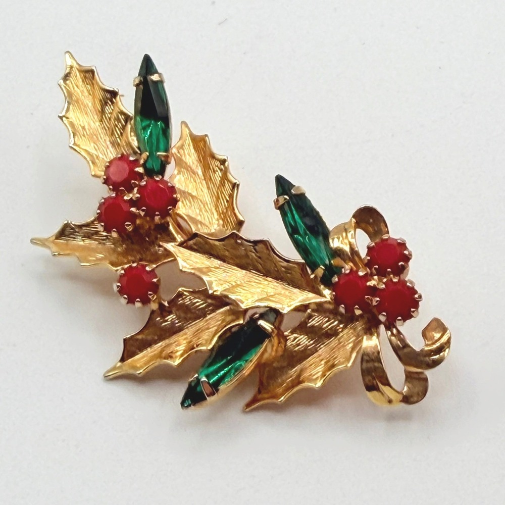 Unbranded Christmas Spray Brooch Womens OS Gold Red Green Excellent Holiday Pin